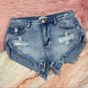 Distressed Cutoff Frayed Denim Blue Wash Shorts M